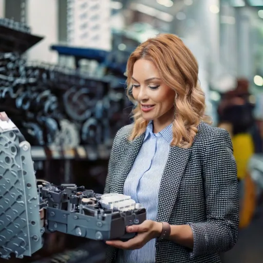Warehouse worker carrying a large cast industrial component past racks of machine parts